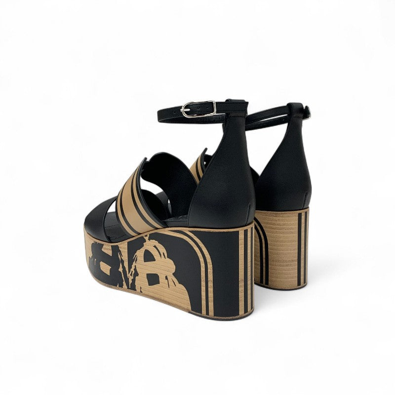 エルメス HERMES カリス サンダル 靴 シューズ レザー ブラック ブラウン 未使用 Brides de Gala Quadri Tattoo ウェッジソール ストラップ 厚底