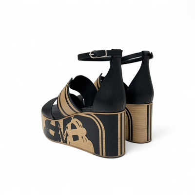 エルメス HERMES カリス サンダル 靴 シューズ レザー ブラック ブラウン 未使用 Brides de Gala Quadri Tattoo ウェッジソール ストラップ 厚底