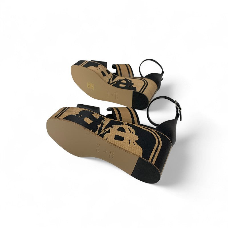 エルメス HERMES カリス サンダル 靴 シューズ レザー ブラック ブラウン 未使用 Brides de Gala Quadri Tattoo ウェッジソール ストラップ 厚底