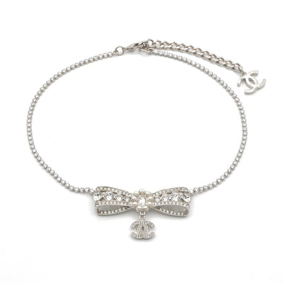 シャネル CHANEL ネックレス ペンダント チョーカー シルバー ココマーク リボン ラインストーン