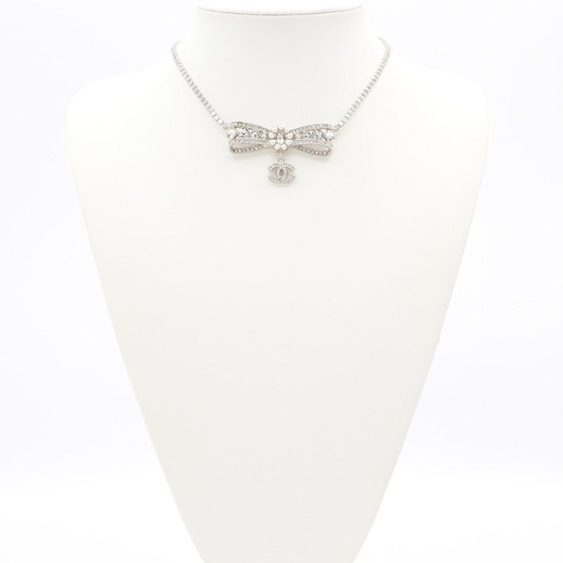 シャネル CHANEL ネックレス ペンダント チョーカー シルバー ココマーク リボン ラインストーン