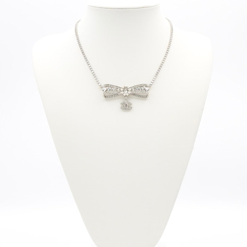 シャネル CHANEL ネックレス ペンダント チョーカー シルバー ココマーク リボン ラインストーン