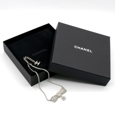 シャネル CHANEL ネックレス ペンダント チョーカー シルバー ココマーク リボン ラインストーン
