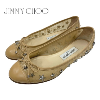 ジミーチュウ JIMMY CHOO フラットシューズ 靴 シューズ レース レザー ベージュ シルバー スタースタッズ リボン