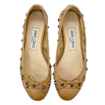 Jimmy Choo JIMMY CHOO flat shoes shoes lace leather beige silver star stud ribbon