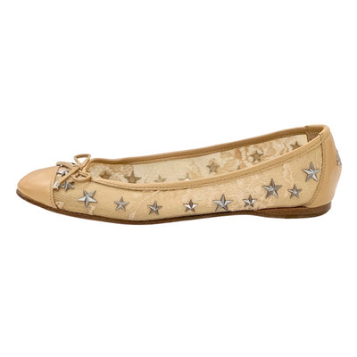 Jimmy Choo JIMMY CHOO flat shoes shoes lace leather beige silver star stud ribbon