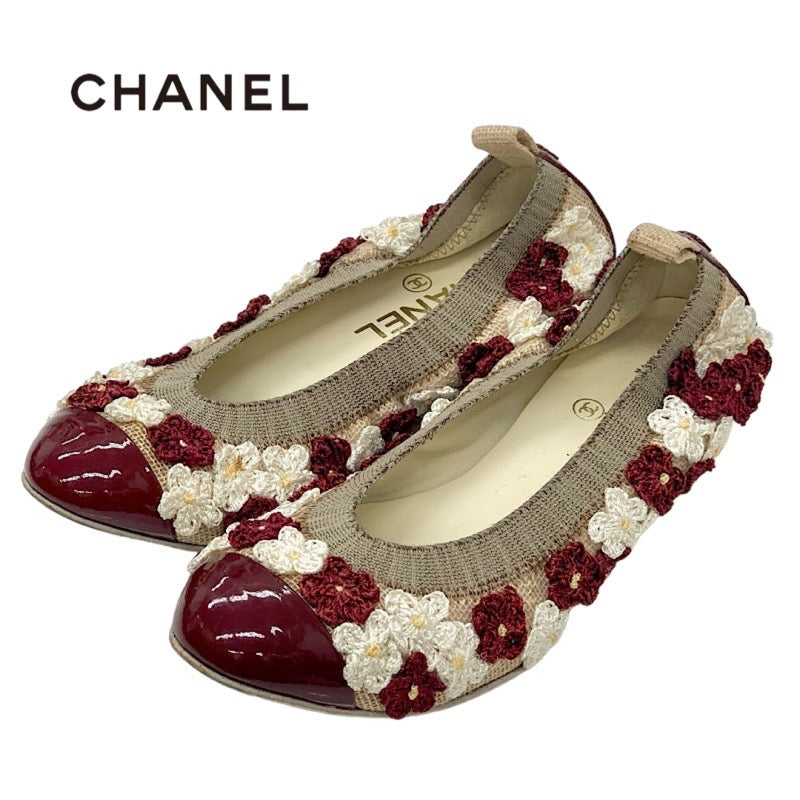 シャネル CHANEL フラットシューズ 靴 シューズ ファブリック パテント ボルドー ホワイト バレエシューズ フラワー