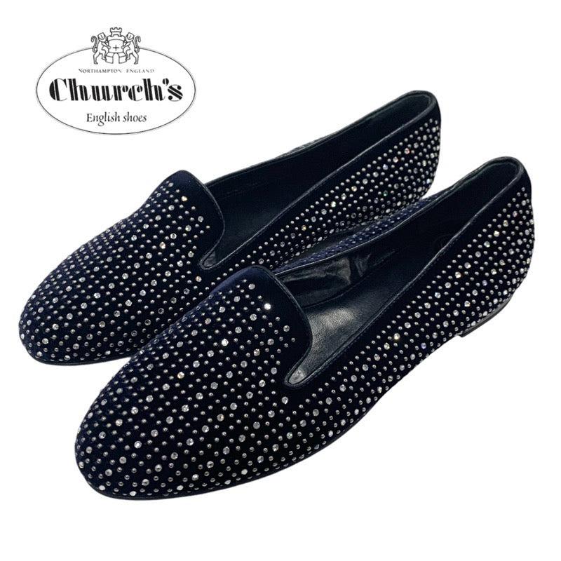 Churchs Flat Shoes Shoes Velour Navy Stone Studs