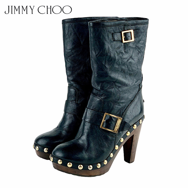 ジミーチュウ JIMMY CHOO ブーツ ショートブーツ 靴 シューズ レザー ブラック ゴールド スタッズ ベルト