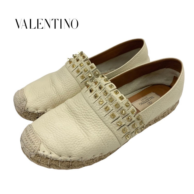 ヴァレンティノ VALENTINO フラットシューズ 靴 シューズ レザー アイボリー ロックスタッズ エスパドリーユ