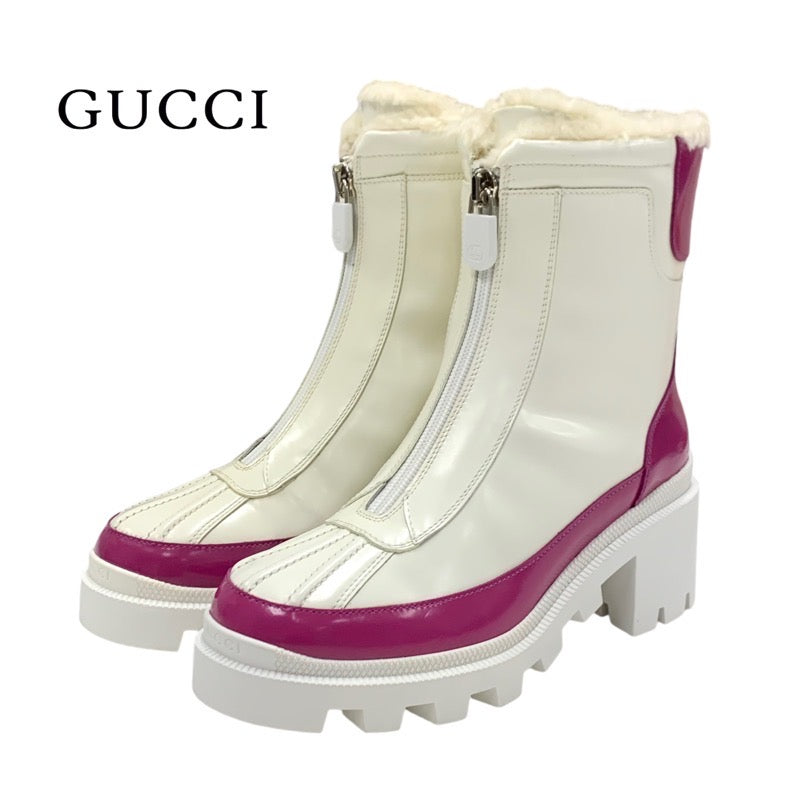 Gucci Boots, Short Boots, Shoes, Leather, Mouton, White, Pink, Center Zip Logo