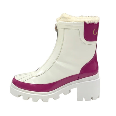 Gucci Boots, Short Boots, Shoes, Leather, Mouton, White, Pink, Center Zip Logo