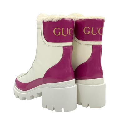 Gucci Boots, Short Boots, Shoes, Leather, Mouton, White, Pink, Center Zip Logo