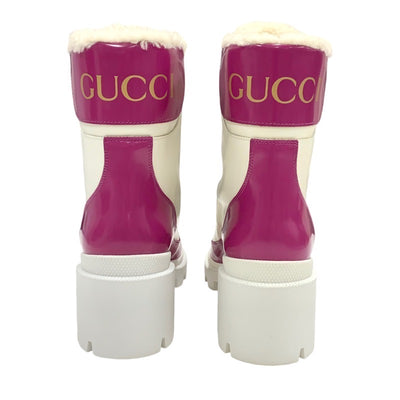 Gucci Boots, Short Boots, Shoes, Leather, Mouton, White, Pink, Center Zip Logo