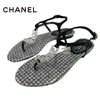 Chanel CHANEL Sandals, Shoes, Leather, Black, Tong Sandals, Flat Sandals, Coco Mark, Chain, Clear