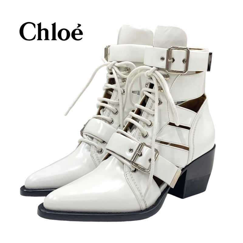 クロエ Chloe ブーツ ショートブーツ 靴 シューズ レザー ホワイト 白 未使用 レースアップ ベルト