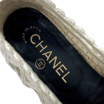 シャネル CHANEL フラットシューズ 靴 シューズ ファブリック ホワイト ブラック ココマーク 編み込み エスパドリーユ