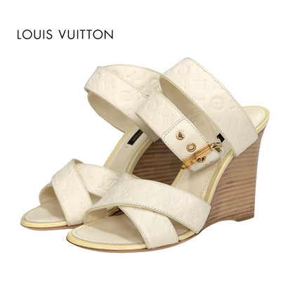 Louis Vuitton Monogram Sandals Shoes Leather White Gold Unused Wedge Sole