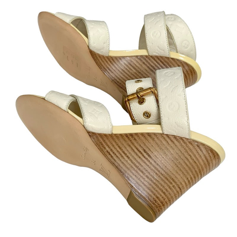 Louis Vuitton Monogram Sandals Shoes Leather White Gold Unused Wedge Sole