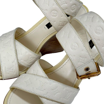 Louis Vuitton Monogram Sandals Shoes Leather White Gold Unused Wedge Sole