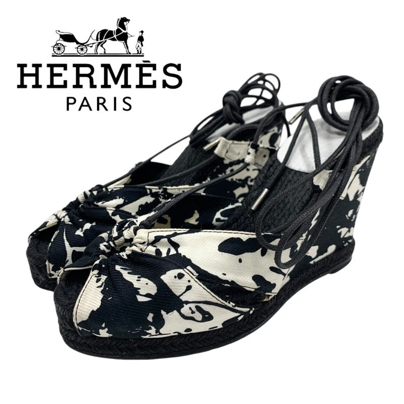 Hermes HERMES Sandals Shoes Fabric Black White Wedge Sole Pattern Strap Espadrilles