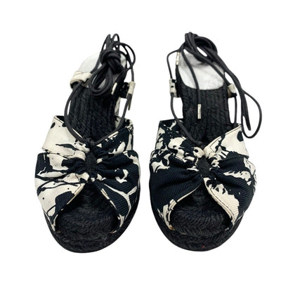 Hermes HERMES Sandals Shoes Fabric Black White Wedge Sole Pattern Strap Espadrilles