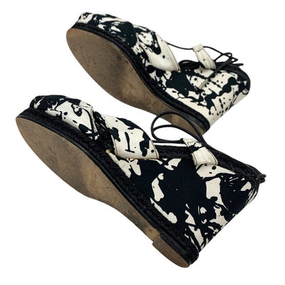 Hermes HERMES Sandals Shoes Fabric Black White Wedge Sole Pattern Strap Espadrilles