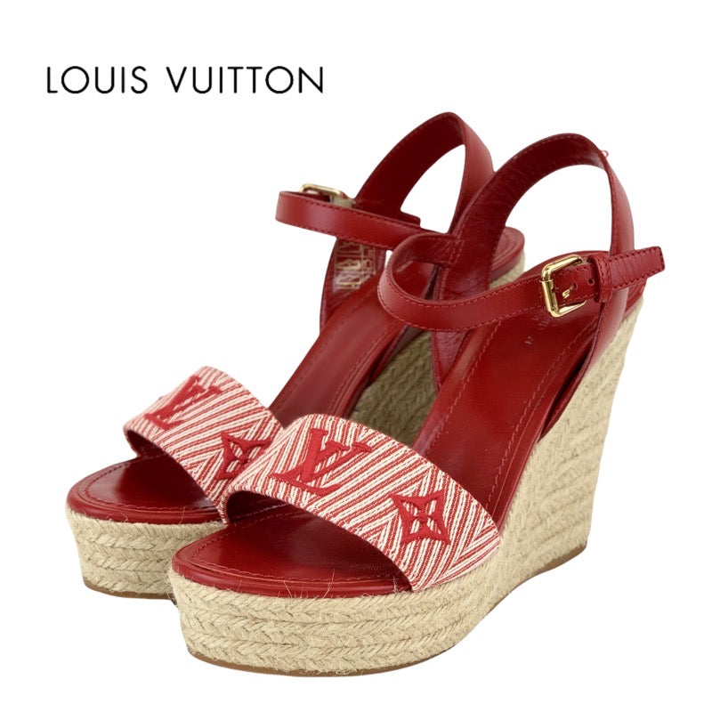 ルイヴィトン LOUIS VUITTON セイルアウェイライン サンダル 靴 シューズ キャンバス レザー レッド ウェッジソール エスパドリーユ モノグラム