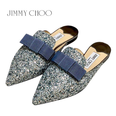 ジミーチュウ JIMMY CHOO フラットシューズ 靴 シューズ グリッター ライトブルー 未使用 ミュール リボン