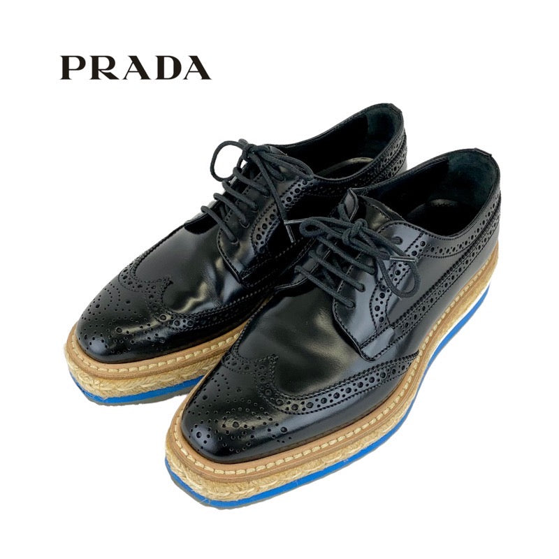 プラダ PRADA フラットシューズ 靴 シューズ レザー ブラック ブルー レースアップシューズ エスパドリーユ プラットフォーム