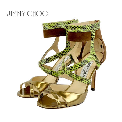 ジミーチュウ JIMMY CHOO サンダル 靴 シューズ スエード レザー ゴールド ブラウン グリーン系 パイソン