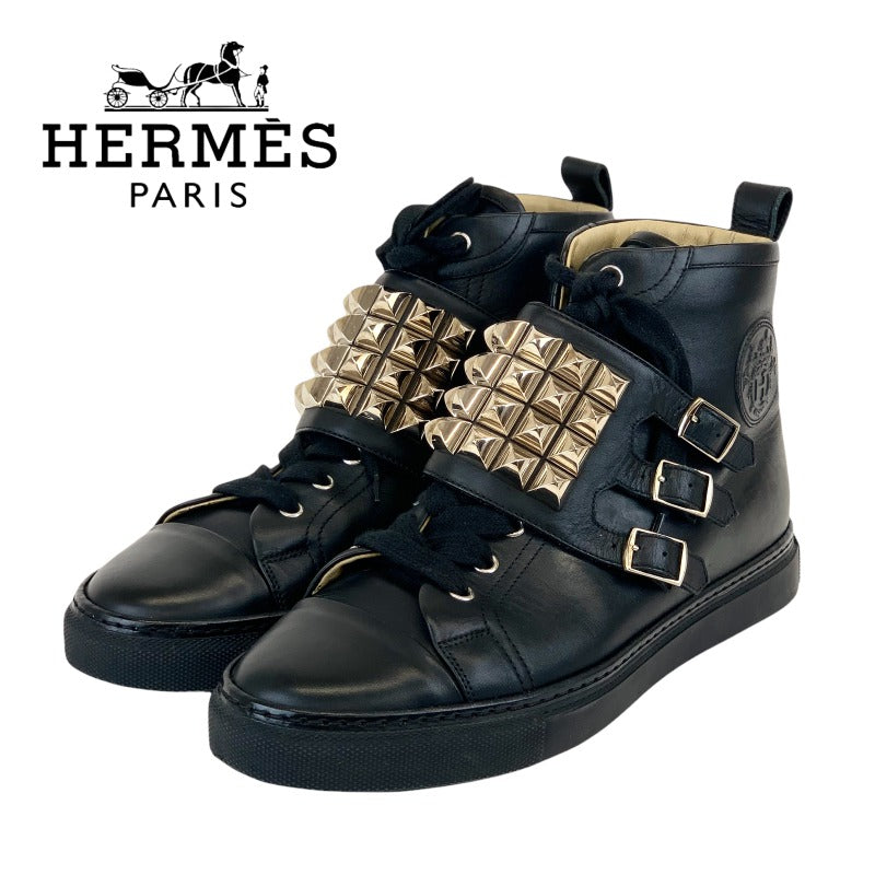 エルメス HERMES スニーカー 靴 シューズ レザー ブラック ゴールド ハイカットスニーカー コリエドシアン スタッズ