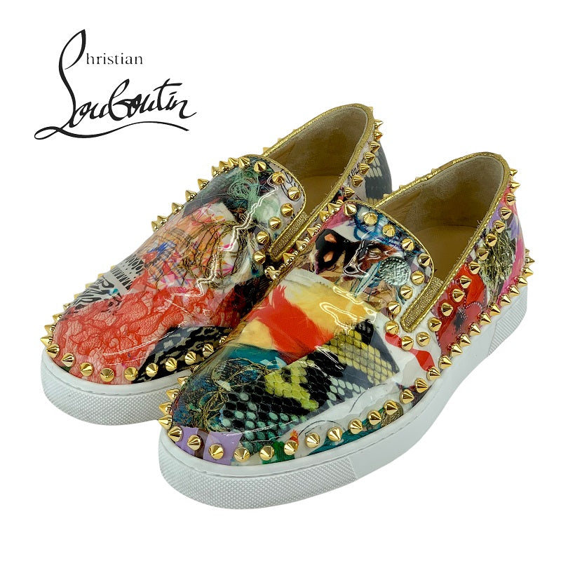 クリスチャンルブタン Christian Louboutin ピックボート スニーカー 靴 シューズ パテント マルチカラー ゴールド スリッポン スパイク スタッズ プリント