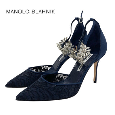 マノロブラニク MANOLO BLAHNIK パンプス 靴 シューズ ファブリック レース ネイビー ビジュー ストラップ