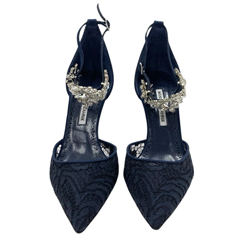 MANOLO BLAHNIK Pumps Shoes Fabric Lace Navy Bijoux Strap