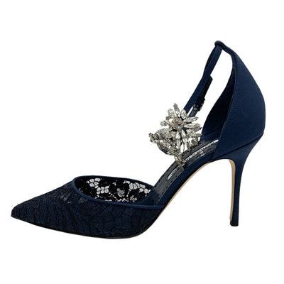 MANOLO BLAHNIK Pumps Shoes Fabric Lace Navy Bijoux Strap