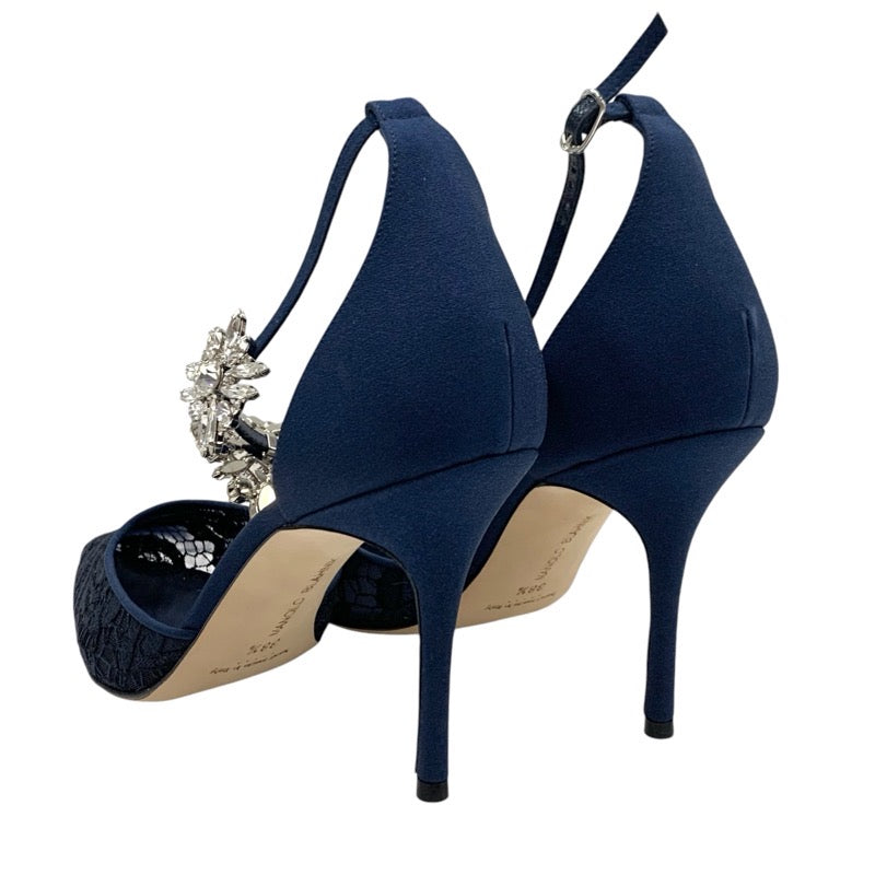 MANOLO BLAHNIK Pumps Shoes Fabric Lace Navy Bijoux Strap