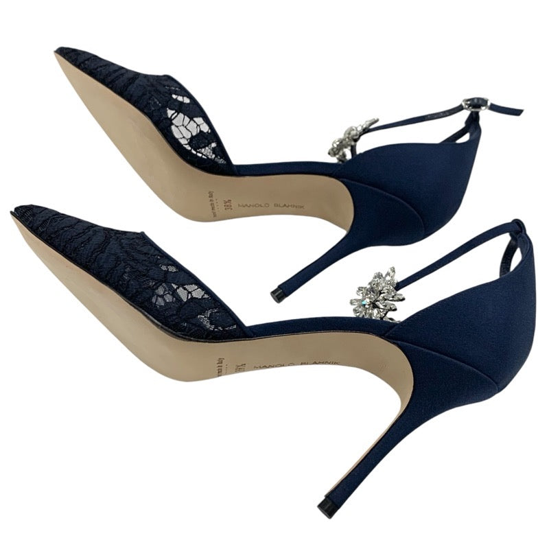 MANOLO BLAHNIK Pumps Shoes Fabric Lace Navy Bijoux Strap