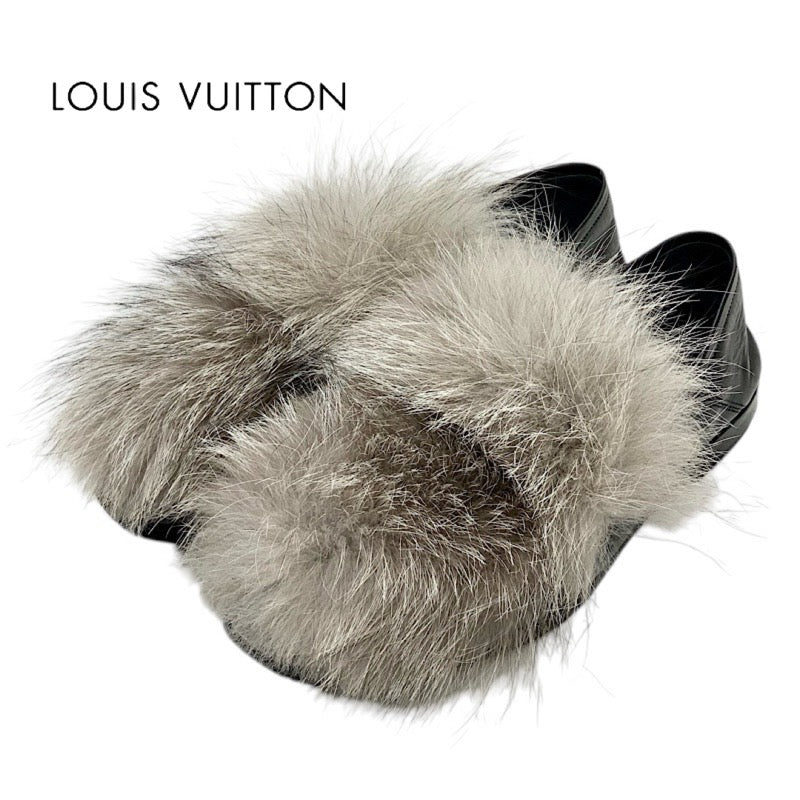 Louis Vuitton LOUIS VUITTON Loafers Leather Shoes Shoes Leather Fur Black Grey LV Chain Flat Shoes