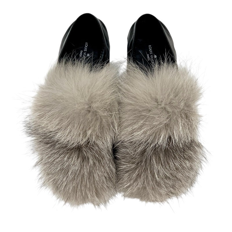 Louis Vuitton LOUIS VUITTON Loafers Leather Shoes Shoes Leather Fur Black Grey LV Chain Flat Shoes