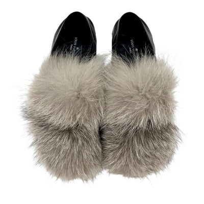 Louis Vuitton LOUIS VUITTON Loafers Leather Shoes Shoes Leather Fur Black Grey LV Chain Flat Shoes
