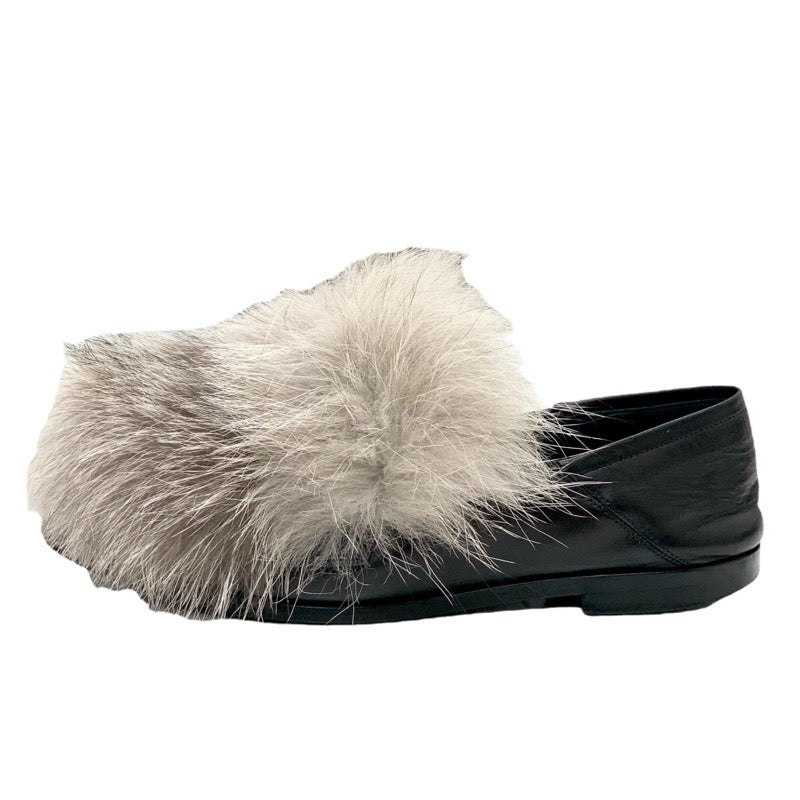 Louis Vuitton LOUIS VUITTON Loafers Leather Shoes Shoes Leather Fur Black Grey LV Chain Flat Shoes