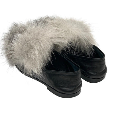Louis Vuitton LOUIS VUITTON Loafers Leather Shoes Shoes Leather Fur Black Grey LV Chain Flat Shoes