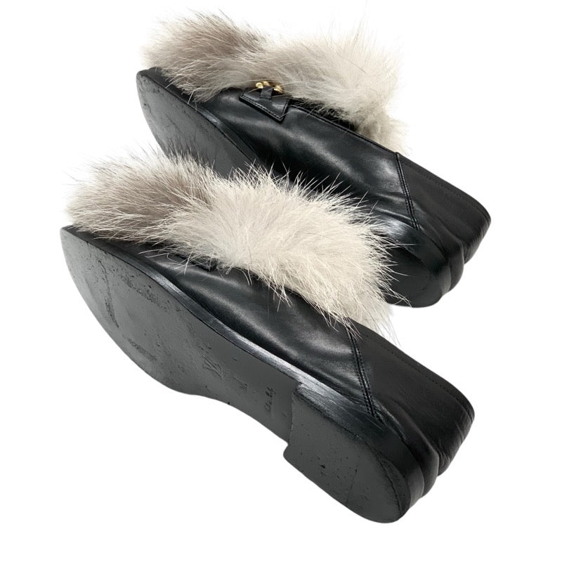 Louis Vuitton LOUIS VUITTON Loafers Leather Shoes Shoes Leather Fur Black Grey LV Chain Flat Shoes