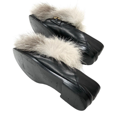 Louis Vuitton LOUIS VUITTON Loafers Leather Shoes Shoes Leather Fur Black Grey LV Chain Flat Shoes