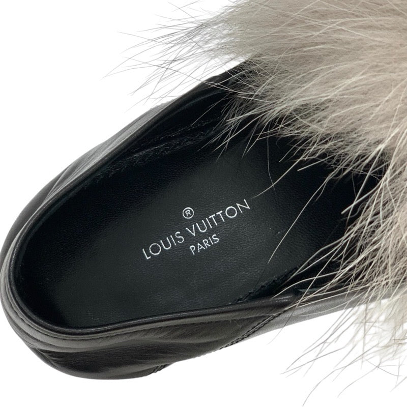 Louis Vuitton LOUIS VUITTON Loafers Leather Shoes Shoes Leather Fur Black Grey LV Chain Flat Shoes