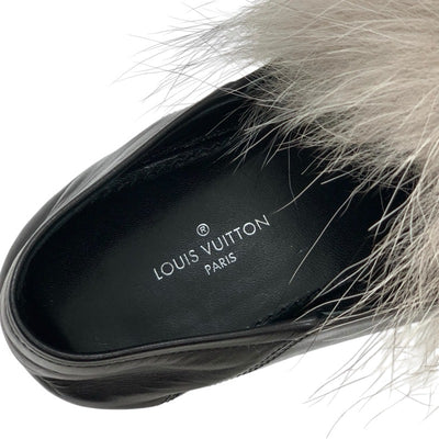 Louis Vuitton LOUIS VUITTON Loafers Leather Shoes Shoes Leather Fur Black Grey LV Chain Flat Shoes