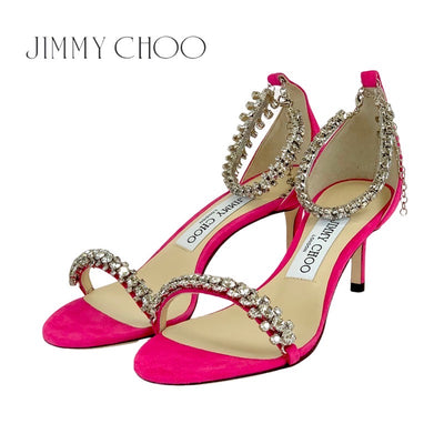 ジミーチュウ JIMMY CHOO サンダル 靴 シューズ スエード ピンク 未使用 ビジュー アンクルストラップ パーティーシューズ