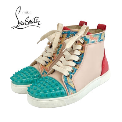 クリスチャンルブタン Christian Louboutin スニーカー 靴 シューズ レザー パテント ピンク グリーン マルチカラー 未使用 ハイカットスニーカー スパイク スタッズ