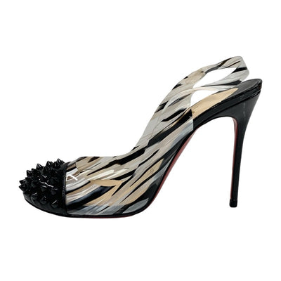 Christian Louboutin Pumps Shoes PVC Patent Black White Unused Spikes Studs Marble Slingback